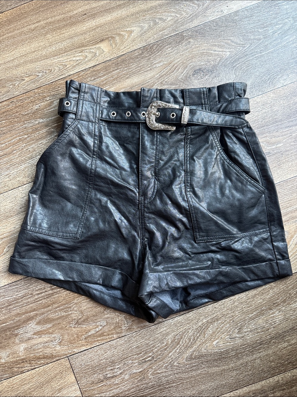 Signature Black Faux Leather High-Waist Belted Shorts